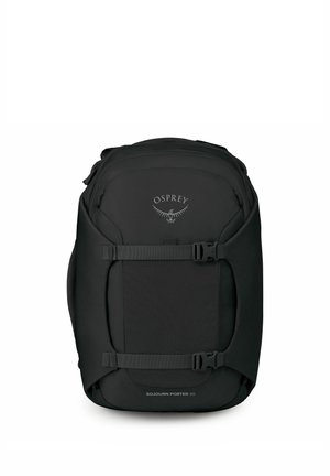 Sac à dos de voyage noir Black Osprey Sojourn Porter 30 avec sangles de compression et logo à l'avant, présenté sur fond blanc.