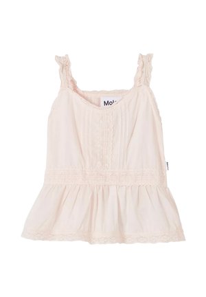 Lichtroze mouwloze blouse met kanten afwerking op de bandjes, verticale plooien en een peplumzoom.