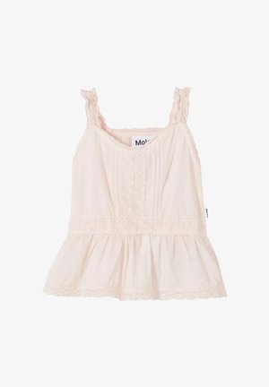 Blusa smanicata rosa chiaro con rifiniture in pizzo sulle bretelle, pieghe verticali e orlo a peplo.