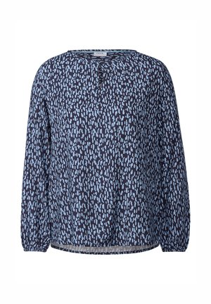 Blouse marine avec un motif abstrait bleu clair, encolure ronde et manches longues froncées. Fabriquée en tissu léger, avec une coupe décontractée.