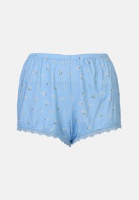 Blå bomullssovshorts med blommönster, prydda med delikat spetskant längs nederkanten och en elastisk midja för komfort.
