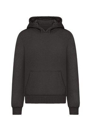 Schwarzer Pullover-Hoodie aus weichem Stoff, ausgestattet mit einer vorderen Kängurutasche, einer Kapuze mit Zugband und gerippten Bündchen sowie Saum für eine enge Passform.
