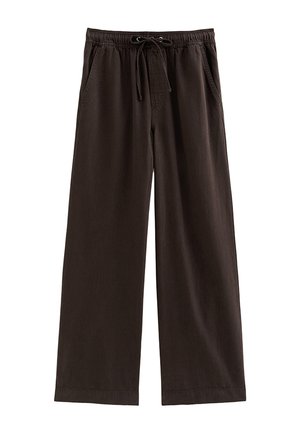 Pantaloni a gamba larga marrone scuro con cintura elastica e coulisse frontale, tasche laterali e vestibilità comoda.