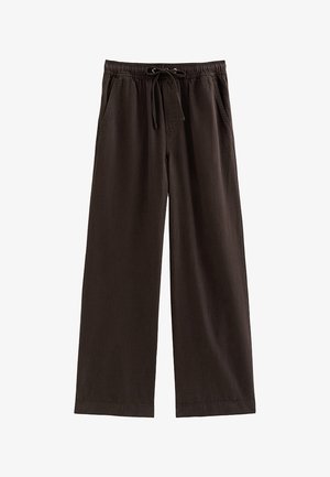 Pantaloni a gamba larga marrone scuro con cintura elastica e coulisse frontale, tasche laterali e vestibilità comoda.