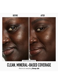 Mineralbaseret foundation viser glat, dybtonet hudtekstur med en naturlig finish; inkluderer en næsepiercing og rig læbefarve.