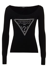 Czarny dopasowany top z długim rękawem i szerokim dekoltem, z diamentowym logo w kształcie trójkąta oraz napisem "GUESS® U.S.A." na środku.