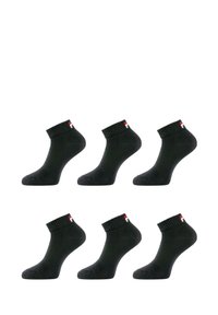 Chaussettes noires mi-mollet par paquet de cinq, avec un bord côtes, texture lisse et détail de logo sur le bord en rouge, blanc et bleu marine.