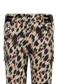 Tijgerprint broek in beige, zwart en bruin, met een ritszak, twee knopen en een trekkoord in de taille. Lichtgewicht stof.