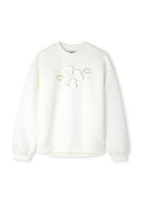 Sudadera blanca de manga larga, con escote redondo, que presenta un detalle de bordado floral en blanco y dorado en la parte delantera. Textura de tejido suave.