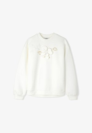 Sudadera blanca de manga larga, con escote redondo, que presenta un detalle de bordado floral en blanco y dorado en la parte delantera. Textura de tejido suave.