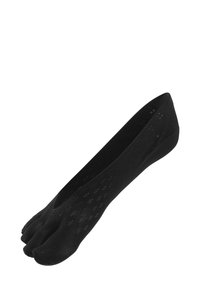 Schwarze Zehensocken mit fünf separaten Abschnitten für die Zehen, aus dehnbarem Stoff mit einer glatten Textur und einem subtilen Muster.