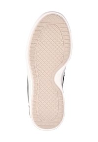 Zool van een sneaker met een beige rubberen loopvlak met een rasterpatroon en gestructureerde randen op een witte achtergrond.