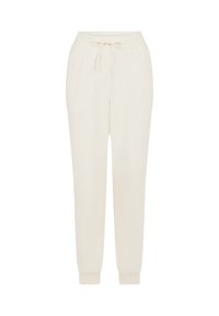 Crème-kleurige joggingbroek van zachte stof. Voorzien van een elastische tailleband met trekkoord en aansluitende boorden bij de enkels.
