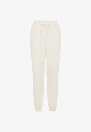 Crème-kleurige joggingbroek van zachte stof. Voorzien van een elastische tailleband met trekkoord en aansluitende boorden bij de enkels.
