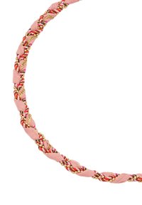 Vlechband in roze stof en gouden kralen, met een textuurontwerp dat afwisselend gedraaide en gladde secties heeft voor contrast.