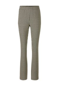 Slim-fit broek met een bruin en crème houndstooth-patroon en een elastische tailleband, weergegeven op een witte achtergrond.