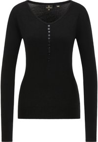 Maglione nero a maniche lunghe con scollo a V e dettagli a bottoni lungo il davanti. Realizzato in materiale morbido con orlo e polsini a costine.