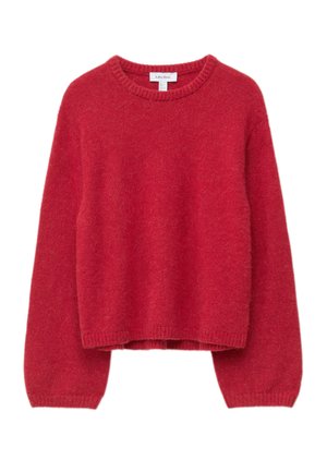 Roter, weicher Wollpullover mit rundem Ausschnitt, langen Ärmeln und cropped Design. Merkmale sind gerippte Bündchen und Saum für zusätzliche Textur.