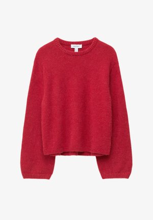 Roter, weicher Wollpullover mit rundem Ausschnitt, langen Ärmeln und cropped Design. Merkmale sind gerippte Bündchen und Saum für zusätzliche Textur.