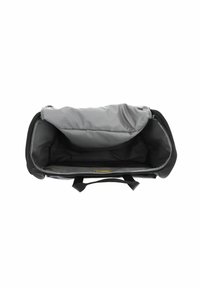 Sac noir avec un intérieur gris, fermeture zippée et doubles poignées. L'intérieur présente un doublure rembourrée et un design ouvert spacieux pour le rangement.