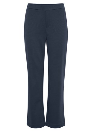 Pantalon bleu marine avec une texture lisse, doté d'une taille plate et d'une coupe droite. Comprend des poches latérales discrètes pour plus de praticité.