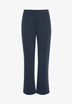 Tamsiai mėlynos kelnės su lygia tekstūra, turinčios plokščią juosmenį ir tiesaus kirpimo dizainą. Įtrauktos subtilios šoninės kišenės patogumui.