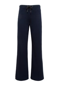 Navy blue wide-leg trousers made from soft fabric, featuring an elastic waistband with a drawstring for adjustable fit.