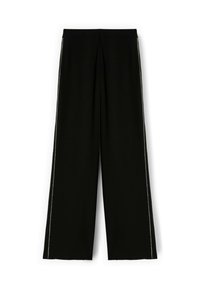 Zwarte wijde broek van gladde stof, met zilveren piping langs de zijnaad en een elastische tailleband voor comfort.