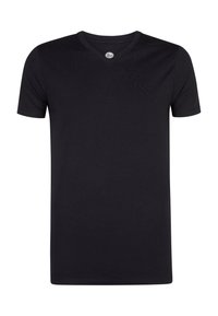 T-shirt noir à manches courtes avec un col en V, en coton doux. Présente une texture unie sans motifs ni accents.