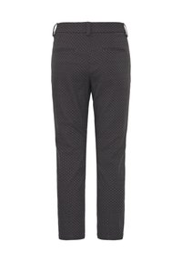 Dark gray pants with a pattern of small interlocking circles. Tapered leg design, featuring a waistband with adjustable drawstring and two back pockets.