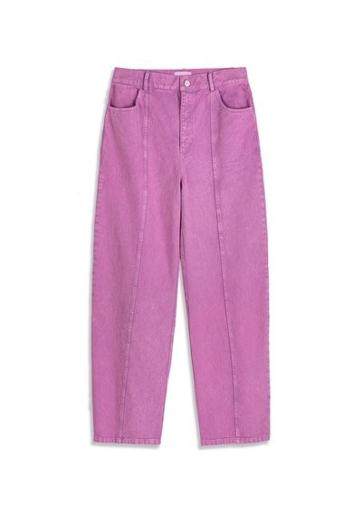Jean large taille haute en denim violet délavé avec poches avant, passants pour ceinture, fermeture par bouton et zip.