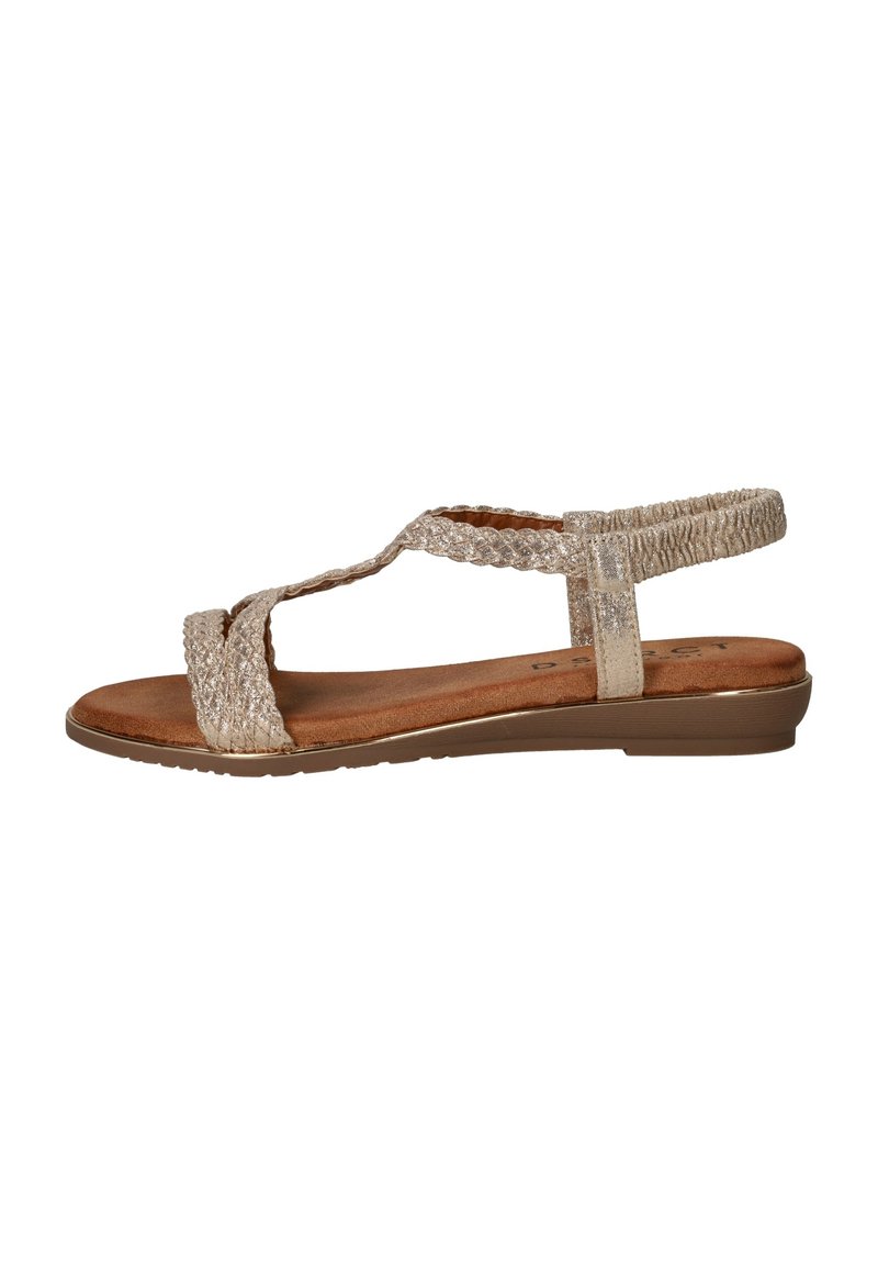 Sandaal met een gevlochten beige textielen bovenkant, een gevoerde bruine binnenzool en een lage bruine rubberen zool. Kenmerkt zich door een crisscross strap ontwerp.