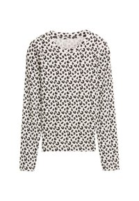 Långärmad vit skjorta med svart oregelbundet leopardmönster och rund halsringning, liggande platt på en vit bakgrund.