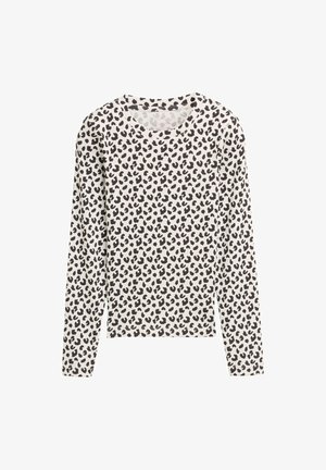 Langärmliges weißes Shirt mit unregelmäßigem Leopardenmuster in Schwarz und runden Ausschnitt, flach auf einem weißen Hintergrund ausgelegt.