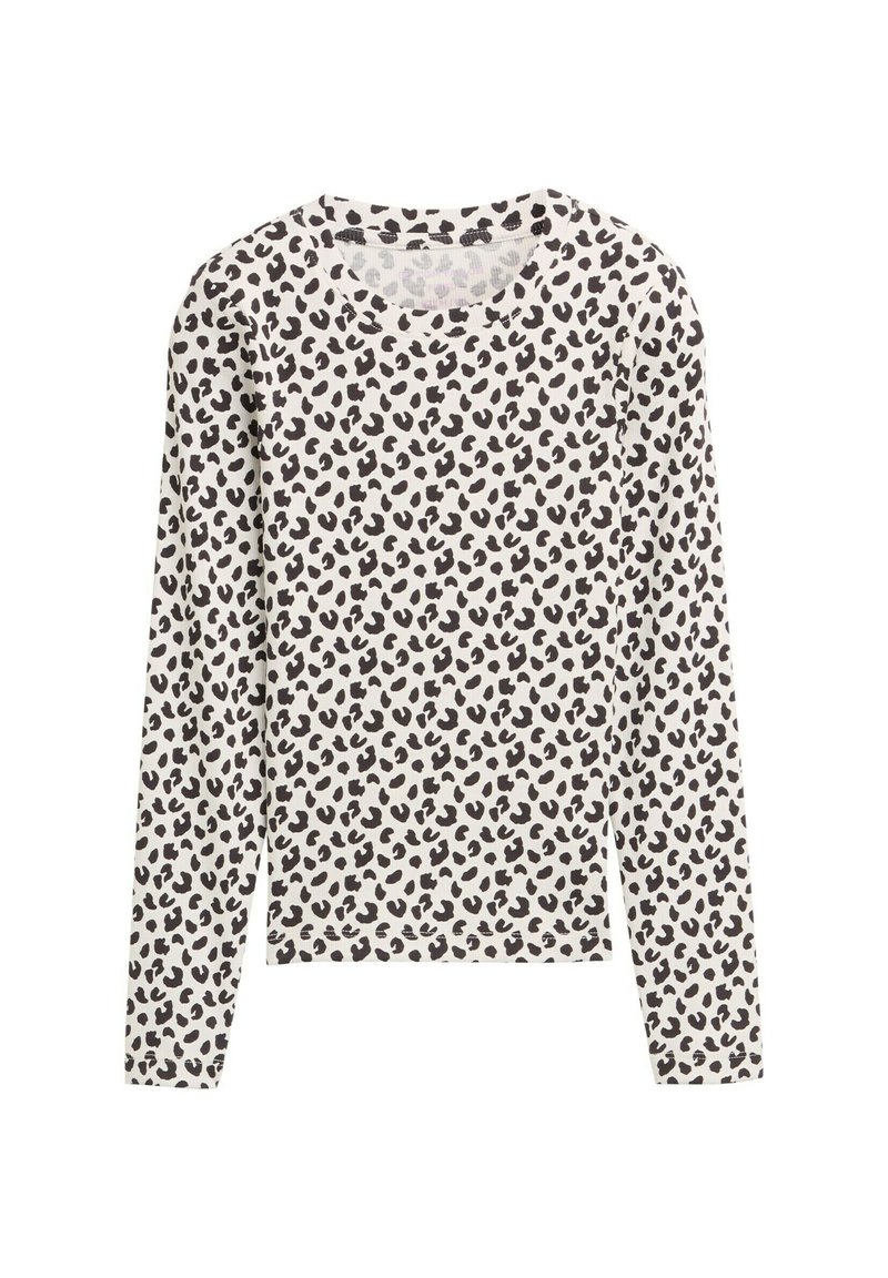 Långärmad vit skjorta med svart oregelbundet leopardmönster och rund halsringning, liggande platt på en vit bakgrund.