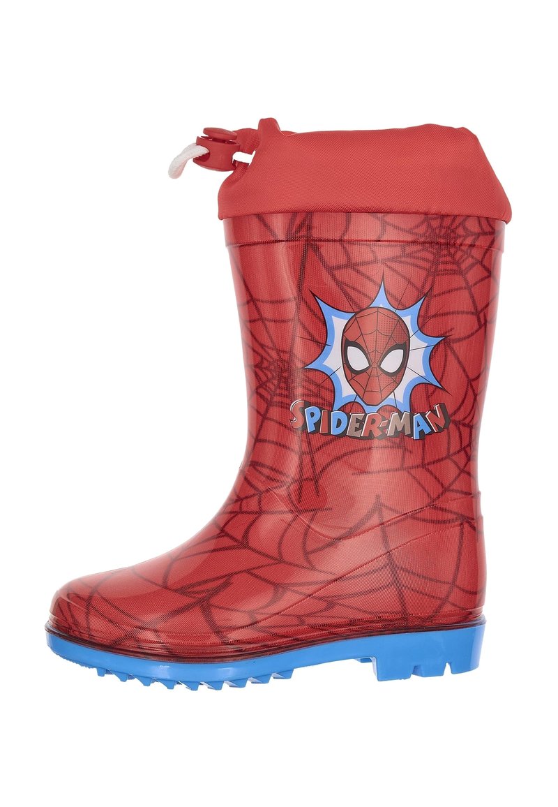Botte en caoutchouc rouge imperméable avec des graphics de Spider-Man, motif toile d'araignée, semelle bleue et un cordon de serrage en haut pour un ajustement réglable.