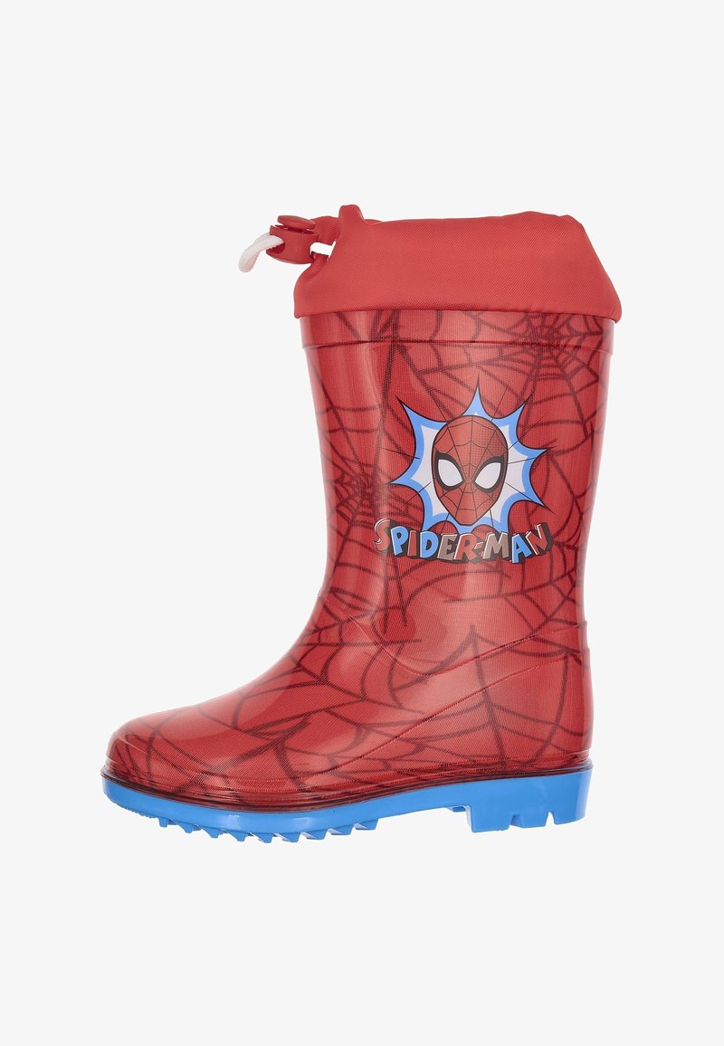 Botte en caoutchouc rouge imperméable avec des graphics de Spider-Man, motif toile d'araignée, semelle bleue et un cordon de serrage en haut pour un ajustement réglable.