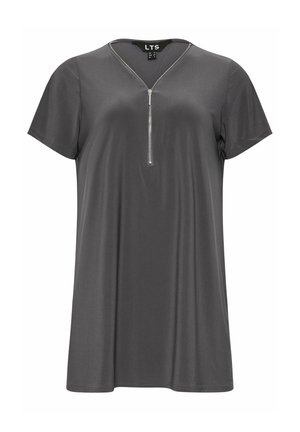 Graues T-Shirt mit kurzen Ärmeln, V-Ausschnitt und einem Reißverschlussdetail an der Vorderseite. Hergestellt aus einem glatten, leichten Stoff.