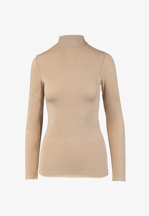Maglia a maniche lunghe e collo alto beige, realizzata in tessuto liscio ed elastico. Presenta un design aderente e polsini senza cuciture per un aspetto elegante.