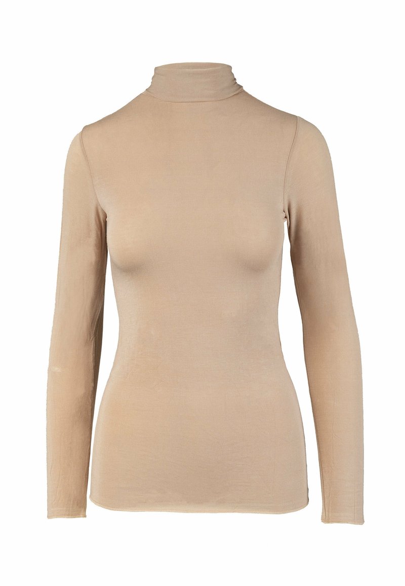 Maglia a maniche lunghe e collo alto beige, realizzata in tessuto liscio ed elastico. Presenta un design aderente e polsini senza cuciture per un aspetto elegante.