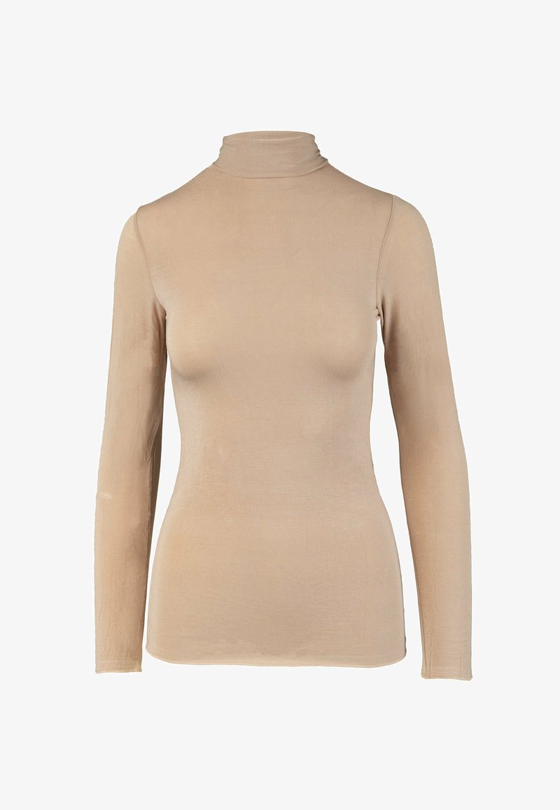 Maglia a maniche lunghe e collo alto beige, realizzata in tessuto liscio ed elastico. Presenta un design aderente e polsini senza cuciture per un aspetto elegante.