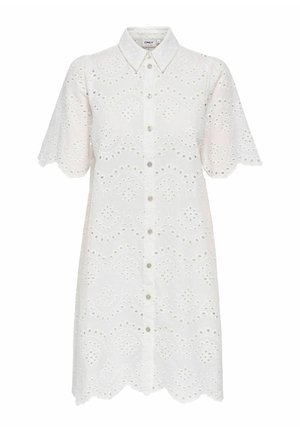 Hvid kortærmet skjortekjole med knapper, øjelynlace-mønster, bølget kant og ærmer samt en spids krave.