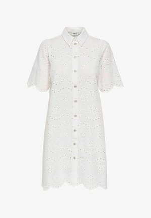 Hvit kortermet kjole med knappestolpe, øyehullblondermønster, bølget kant og ermer, samt en spiss krage.