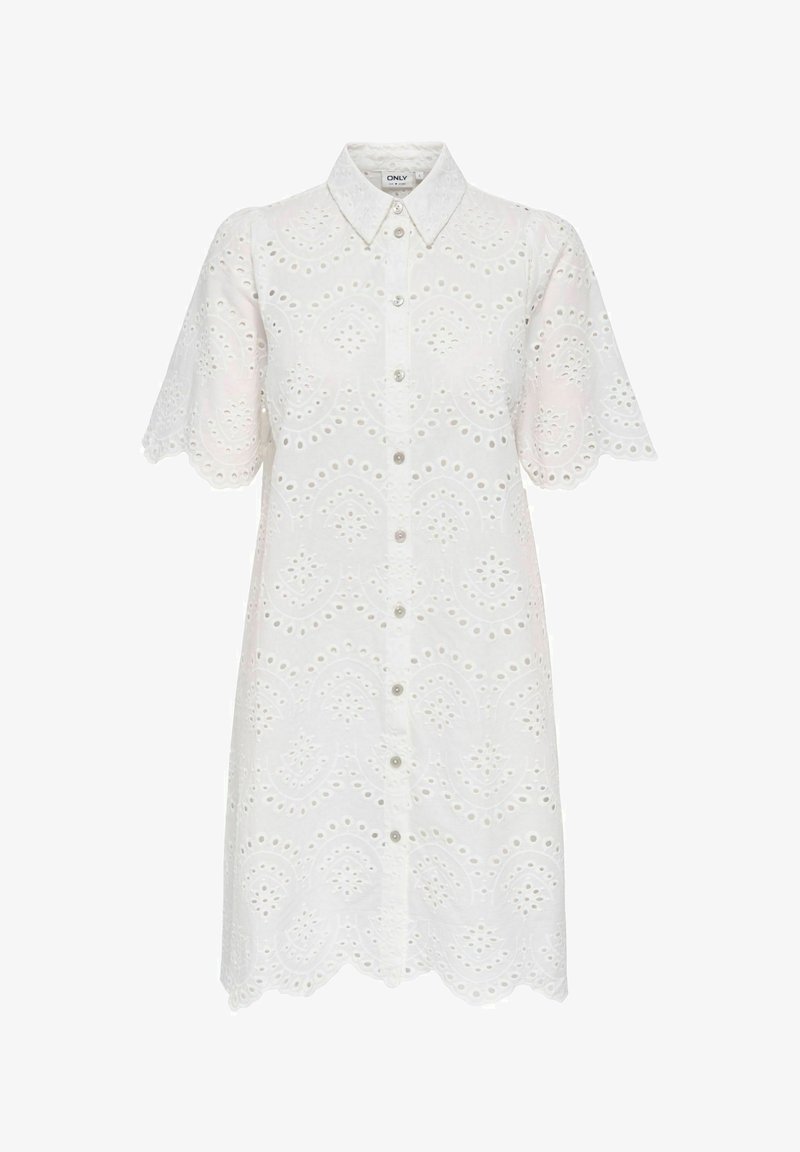 Robe blanche à manches courtes avec boutons, motif en dentelle ajourée, ourlet et manches festonnés, et col pointu.