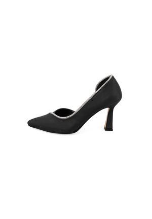 Black satin high-heeled pump with a pointed toe and silver accents along the edge, featuring a sleek, smooth texture and slender heel.