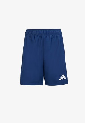 Marineblauwe sportbroek met een elastische tailleband, gemaakt van gladde stof. Bevat een wit diagonaal gestreept logo op de linkerzoom.