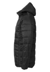 Cazadora acolchada negra con capucha, con secciones acolchadas horizontales, cremallera frontal y bolsillos laterales. Tejido suave y resistente al agua.