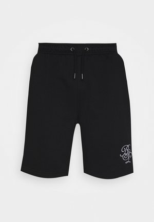 Pantaloncini neri in cotone con girovita elastico e coulisse, con logo bianco ricamato sul lato sinistro. Texture liscia, lunghezza fino al ginocchio.