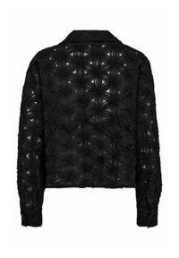 Crna skraćena jakna s teksturiranim cvjetnim uzorkom, s raširenim ovratnikom i dugim rukavima. Zatvaranje na gumb na manžetama.