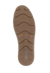 Semelle de chaussure en caoutchouc brun avec une surface texturée, présentant des motifs en zigzag et un bout arrondi. Gravure "remonte" dans la zone du talon.